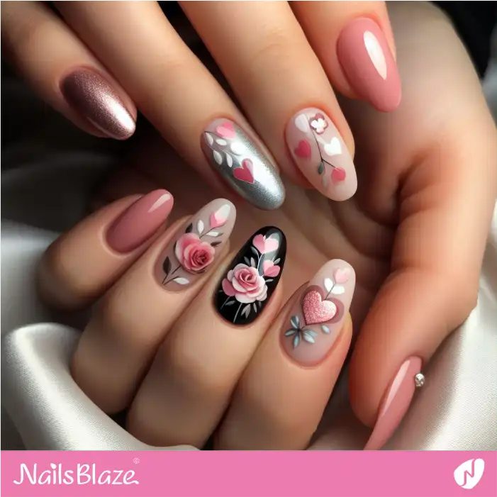 Roses and Hearts Valentine Nails with Chrome Accent Nail Art | Valentine Nails - NB2108